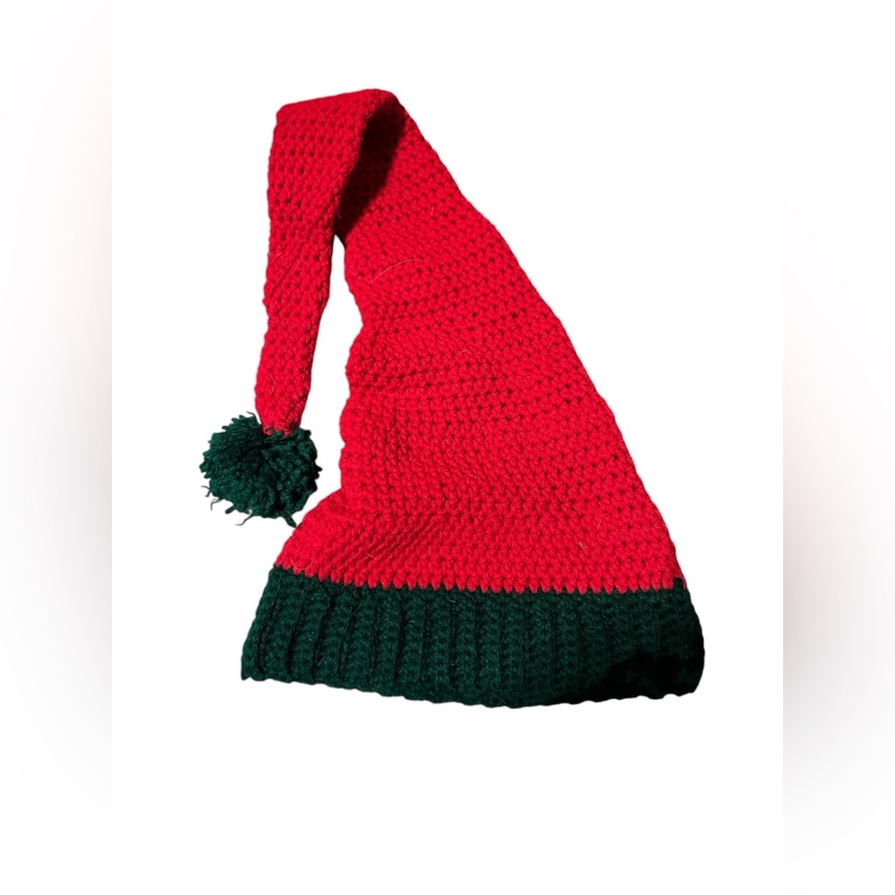 Knitted green and red elf hat adult child unisex men women handmade Christmas